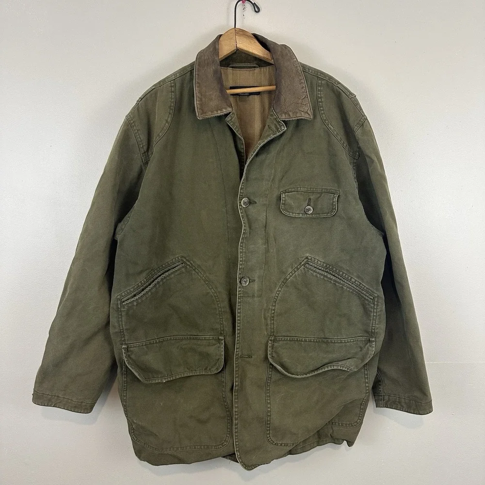 Banana Republic‎ VTG Army Green Leather Collar Distressed Jacket Mens M Read
